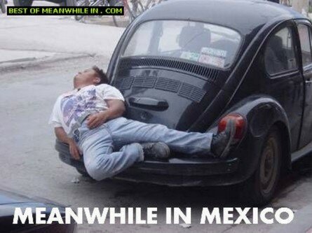 meanwhile, in Mexico…Man sleeping on the car